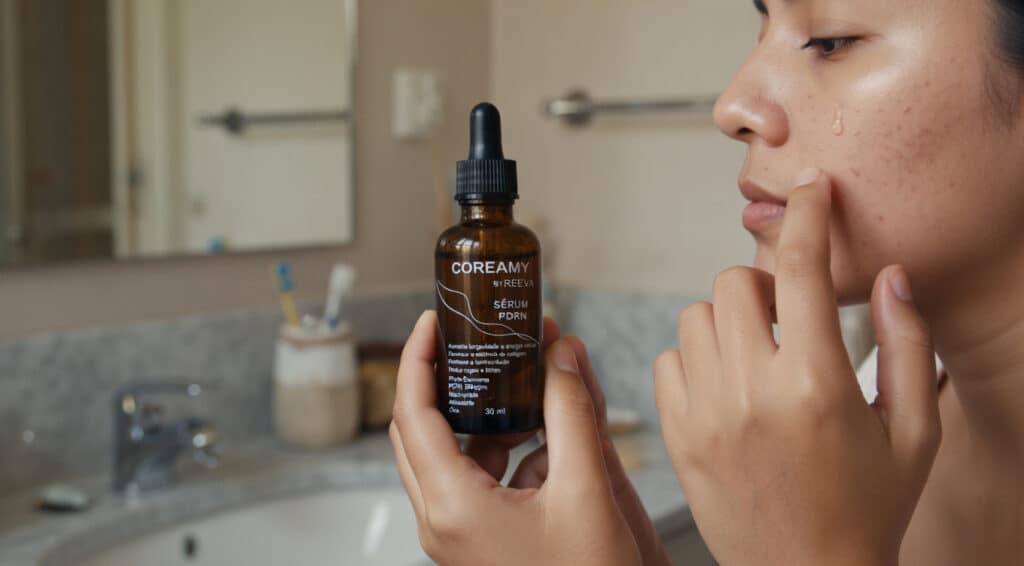 Como usar o Coreamy PDRN em casa em rotina simples de skincare com aplicação no rosto