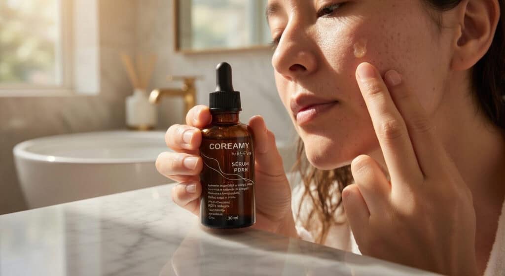 Coreamy PDRN é seguro para uso em casa em rotina simples de skincare com aplicação no rosto