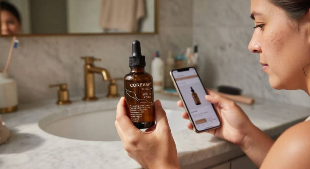 Coreamy PDRN original em ambiente de compra segura e rotina de skincare em casa