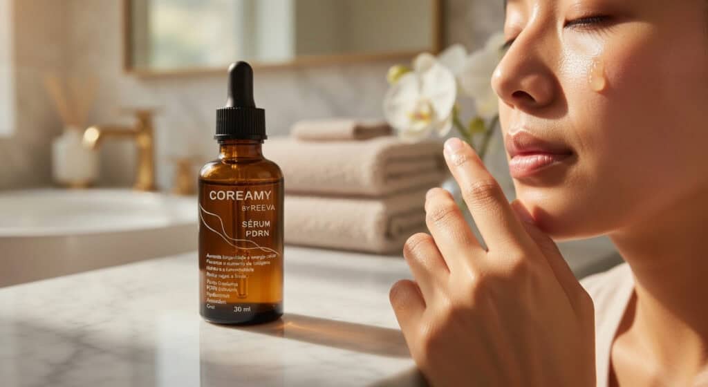 Frasco do Coreamy PDRN em banheiro com ambiente de autocuidado e rotina de skincare em casa