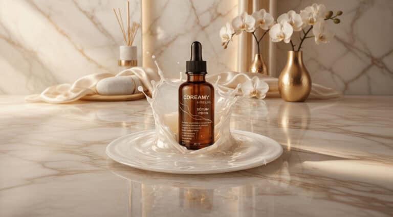 Frasco do sérum Coreamy PDRN sobre superfície de mármore com splash cremoso ao redor, em composição premium de skincare.