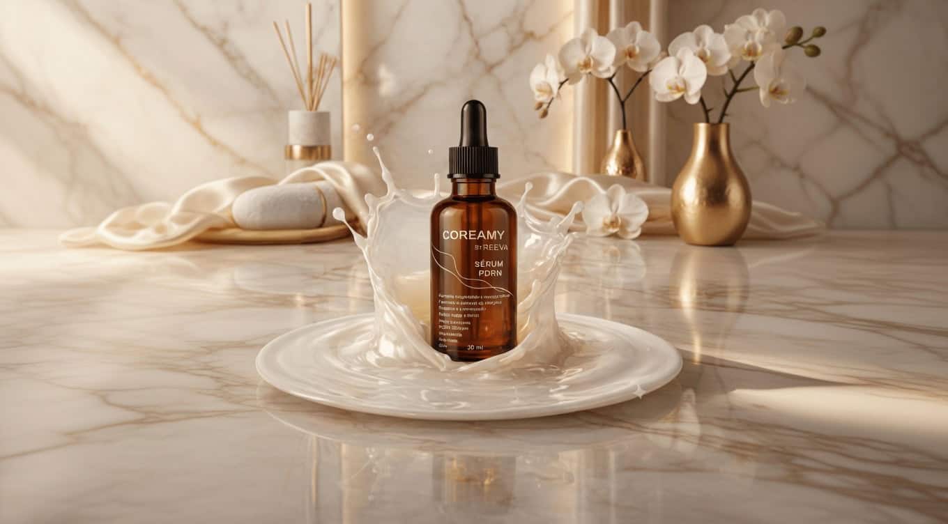 Frasco do sérum Coreamy PDRN sobre superfície de mármore com splash cremoso ao redor, em composição premium de skincare.