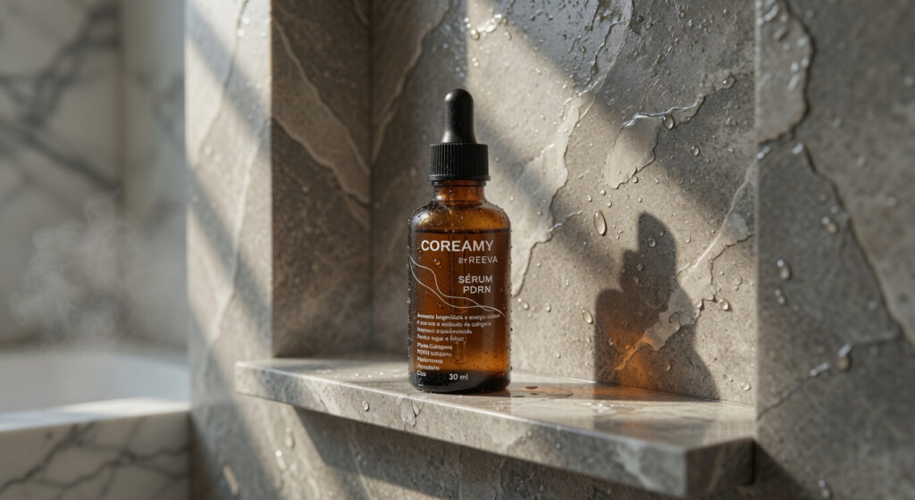 Frasco original Coreamy PDRN em nicho de banheiro moderno com parede de pedra e luz natural suave