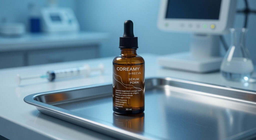 Frasco original Coreamy PDRN sobre bandeja em ambiente de clínica dermatológica com iluminação fria