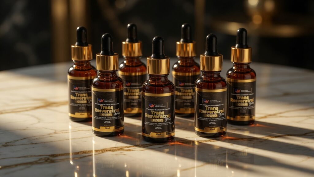 Frascos de Trans Resveratrol Gold Gota em apresentação premium do produto