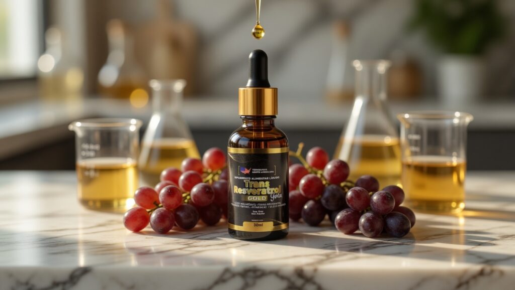 Trans Resveratrol Gold Gota com uvas e ativos antioxidantes para cuidados diários